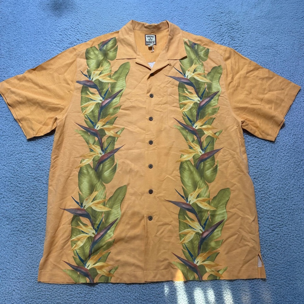 Tommy Bahama Mens 2X Big Hawaiian Silk Shirt Orange Bird of Paradise Print Camp